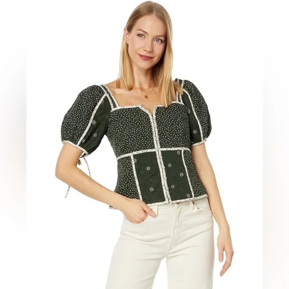 Madewell Quilted Green Embroidered Puff-Sleeve Shirt